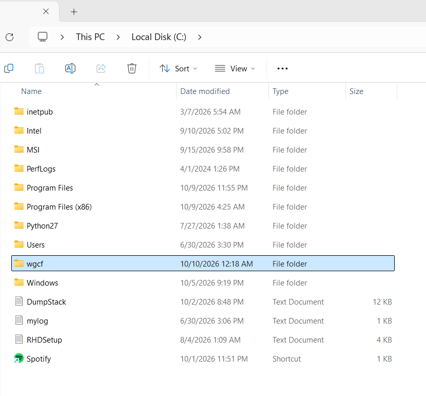 Create a wgcf folder in the Windows C drive