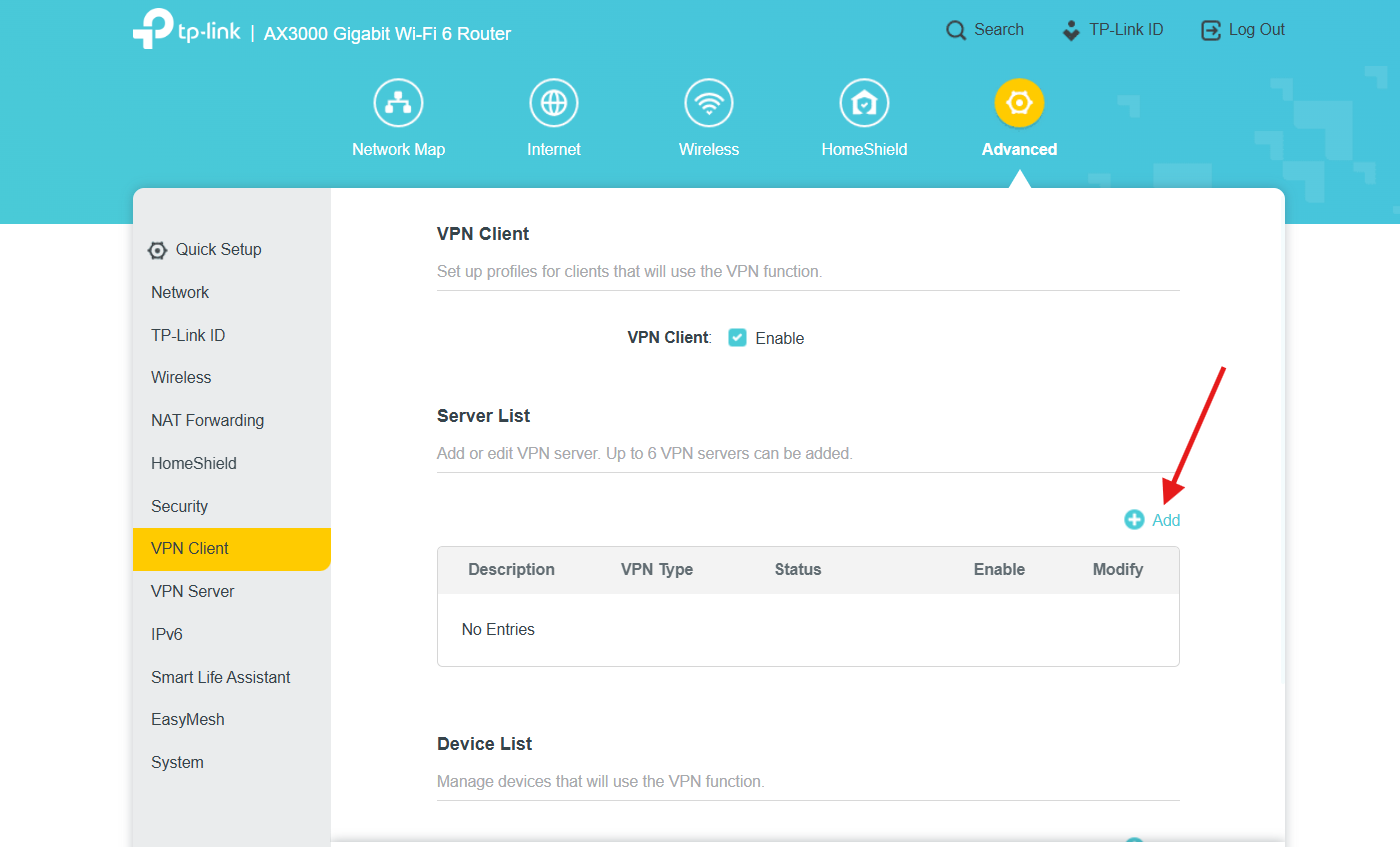 Enable VPN Client and add a new profile in the TP-Link router