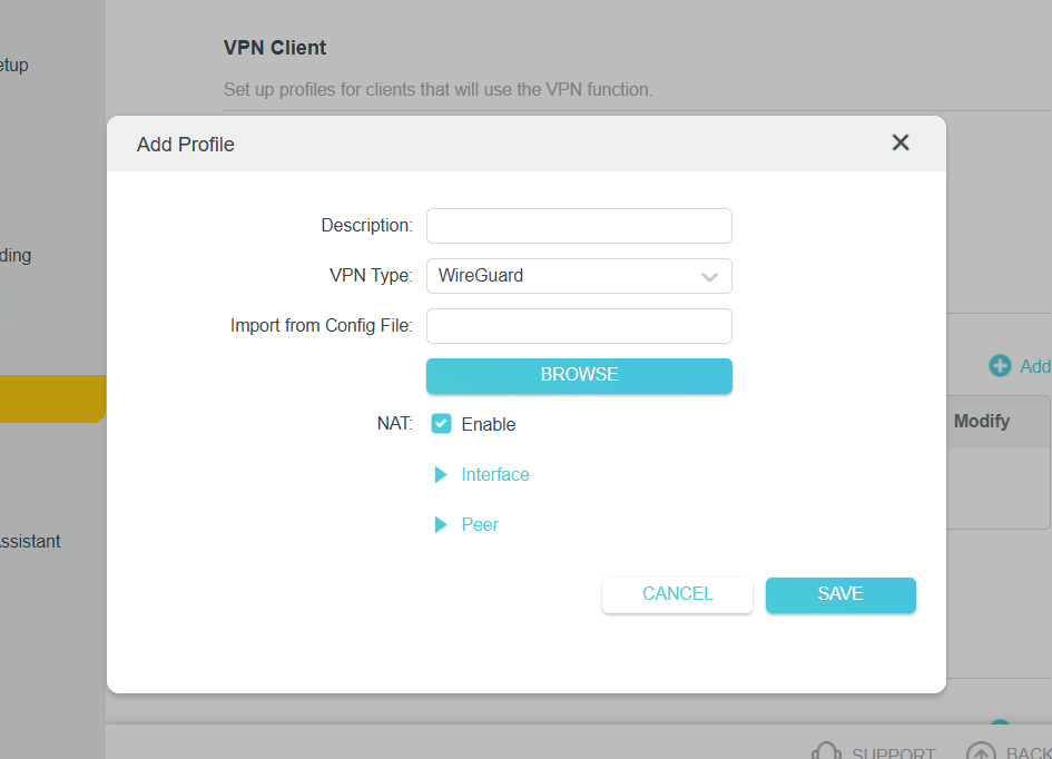 Add a WireGuard VPN profile in the TP-Link router