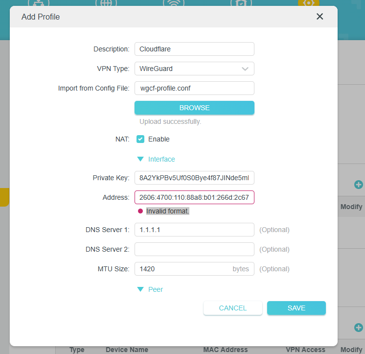TP-Link router showing an Invalid format error when importing the WireGuard profile